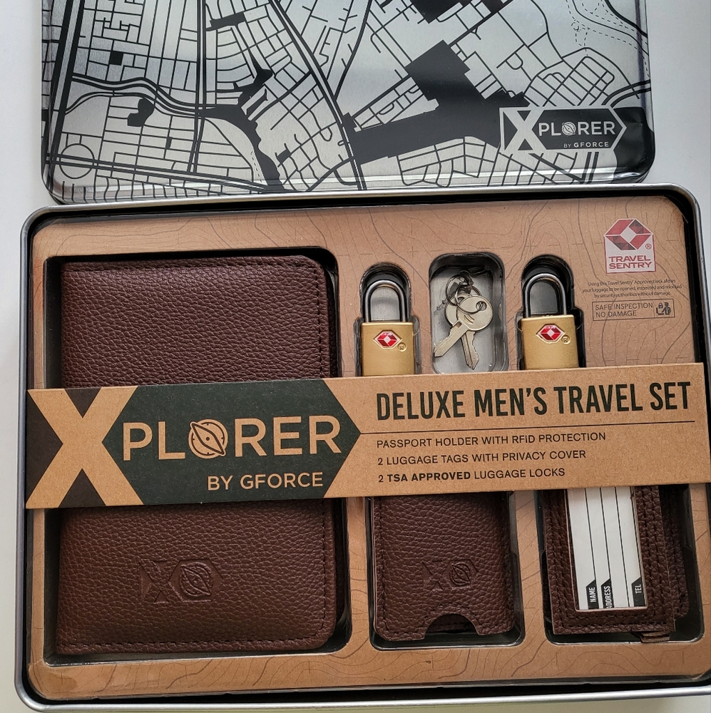 GFORCE Mens Lux Travel Set Passport cover 2 luggage tags 2 Locks Brown